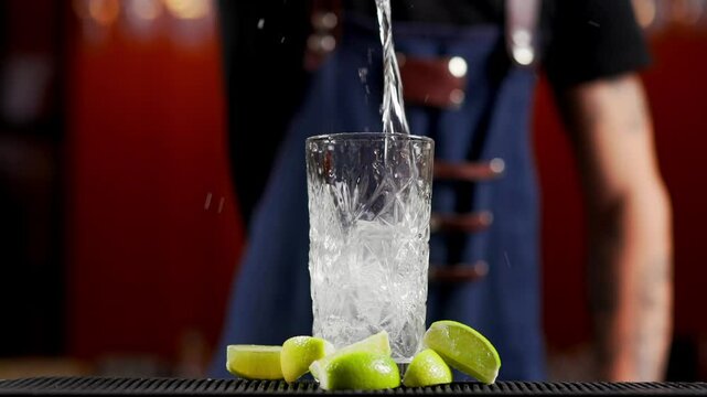 Close-up shot of preparing a refreshing mojito. A professional bartender prepares cooling alcoholic or non-alcoholic lemonade. Concept for summer drinks, cocktails and vacation.