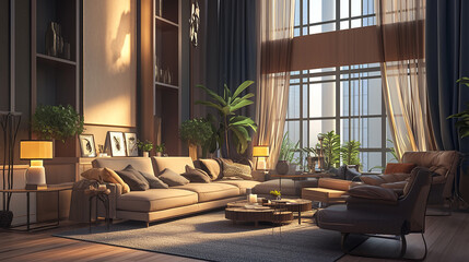 A series of stylish living room interiors featuring modern furniture, contemporary decor, and various lighting setups. The rooms showcase different design themes, including neutral tones, wood accents