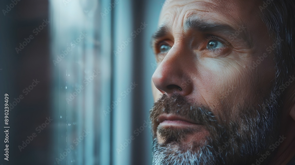 Poster contemplative man gazing out window with pensive moody expression capturing deep thought and reflect