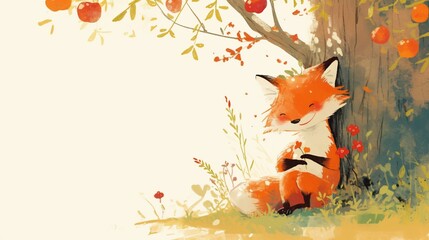 Naklejka premium Adorable Watercolor Clip Art of a Fox Sitting under a Tree