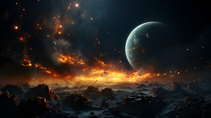 A fiery, celestial landscape with a planet on the horizon, surrounded by a rocky and mountainous terrain, engulfed in a spectacular display of burning space debris.