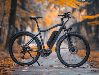 Fototapeta premium Black Electric Bike Parked On Paved Path In Autumn