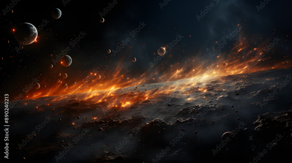 Poster a fiery, celestial landscape with countless asteroids crashing onto a rocky, molten planet, creating