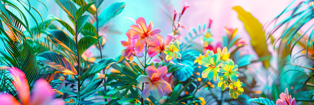 Bunte tropische Blumen im Regenwald. Hintergrund f&uuml;r Produkt und Textplatzierung 