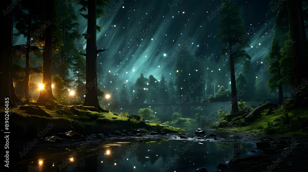 Poster a mystical forest scene at night with a river flowing through it and glowing orbs floating above the