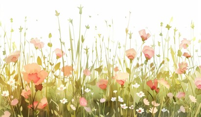 Watercolor Wildflowers in Green Field