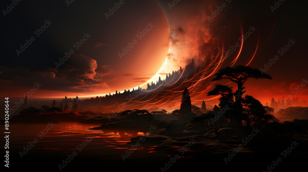 Aufkleber a fiery red sky with a silhouette of trees and a distant mountain range as a giant red planet eclips