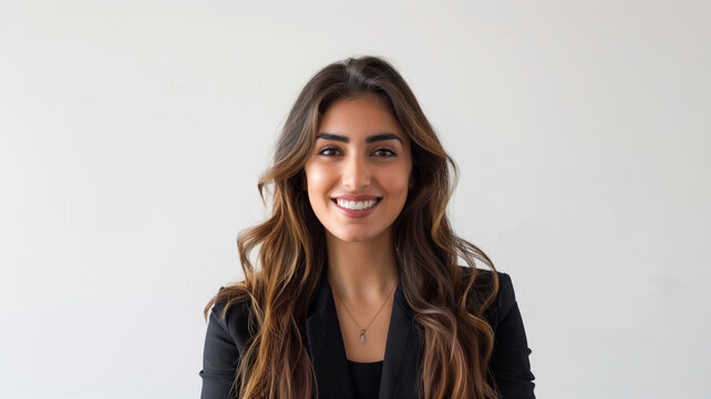 portrait of a Arabian female TV news presenter brown hair wearing dressed elegantly formal on a white background AI Generate 