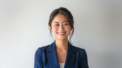 portrait of a Japanese professional woman TV news presenter short hair wearing blue dressed elegantly formal on a white background AI Generate 