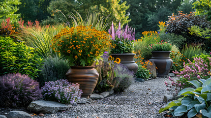 Fototapeta premium container gardening: visually coordinated garden, container gardening with purpose. aesthetic garden planning