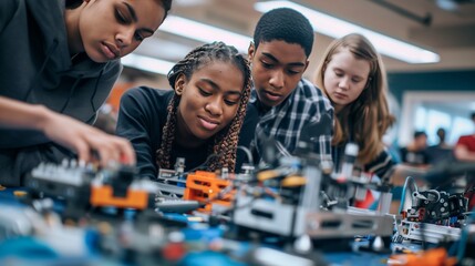 Students collaborate on a robotics project, sparking creativity and innovation with teamwork and tools.