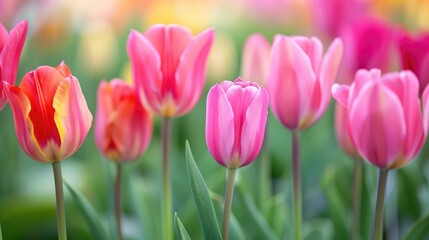 Fototapeta premium Tulips in a Vibrant Blooming Field with Beautiful Pink Blossoms