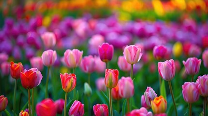 Obraz premium Tulips Blossom in a Bright and Colorful Field with Pink Flowers