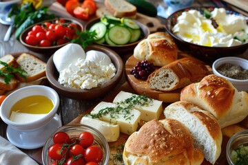 Fototapeta premium Turkish Breakfast. Delicious Morning Brunch with Bread, Butter, Cheese, and Cucumber