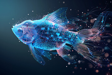 Digital wireframe polygon illustration of a fish, featuring geometric shapes and sharp lines to create a modern, tech-inspired depiction of aquatic life