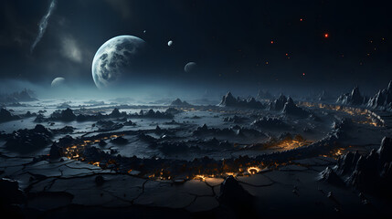 A desolate alien landscape under a dark sky with a glowing planet and many stars. The ground is cracked and barren, and the mountains are jagged and imposing.  