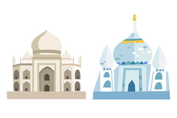 India Independence Day. Taj Mahal. Indias famous touristic monument. Landmark, architecture, hindu temple in the Indian city. Colored background with Arabic floral motifs