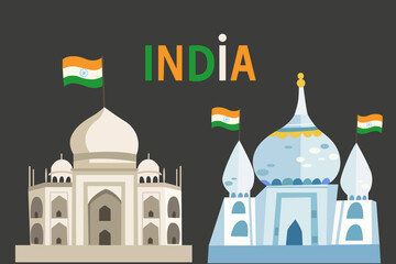 India Independence Day. Taj Mahal. Indias famous touristic monument. Landmark, architecture, hindu temple in the Indian city. Colored background with Arabic floral motifs