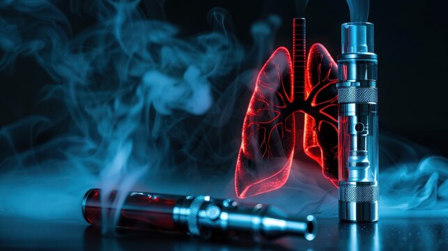 Contrasting Effects - Close-up of Damaged Lung Tissue Beside E-cigarette, Health Risks vs Device Innovation Concept