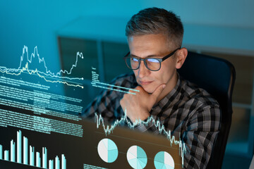 Focused Analyst Examining Data Visualizations and Charts on Screen