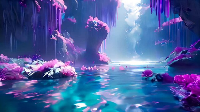 Mystical Cave with Glowing Pink Plants and Waterfall in Background