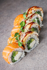 delicious fresh sushi roll philadelphia cheese with salmon eel cucumber and avocado