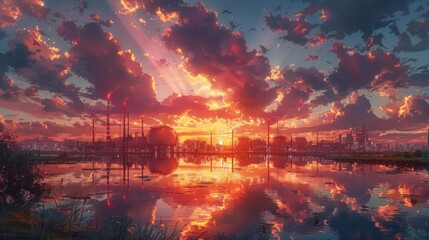 Industrial sunset over water - generative ai