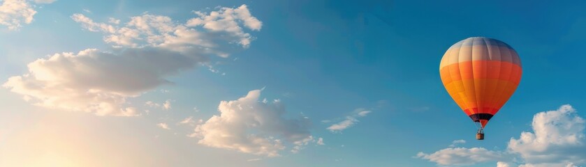 Obraz premium A vibrant hot air balloon floating in a clear sky with scattered clouds, creating a serene and inspiring scene perfect for travel or adventure concepts.