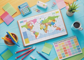 Colorful calendar lies open on a bright pastel table, surrounded by pens, notes, and a subtle world map, conveying business trip organization and travel planning.