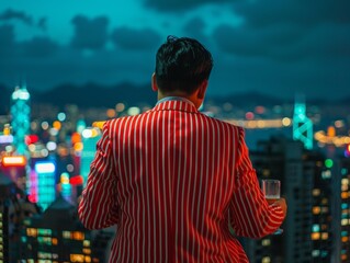 Stylish man in a pinstripe suit enjoying a drink at a rooftop bar, panoramic view of 1970s Hong Kong, [retro sophistication], [urban leisure]