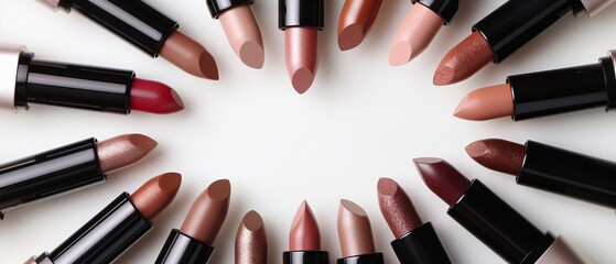 Circle of Lipstick Samples - Variety of Cosmetic Products on White Background for Makeup Testing and Selection Concept.