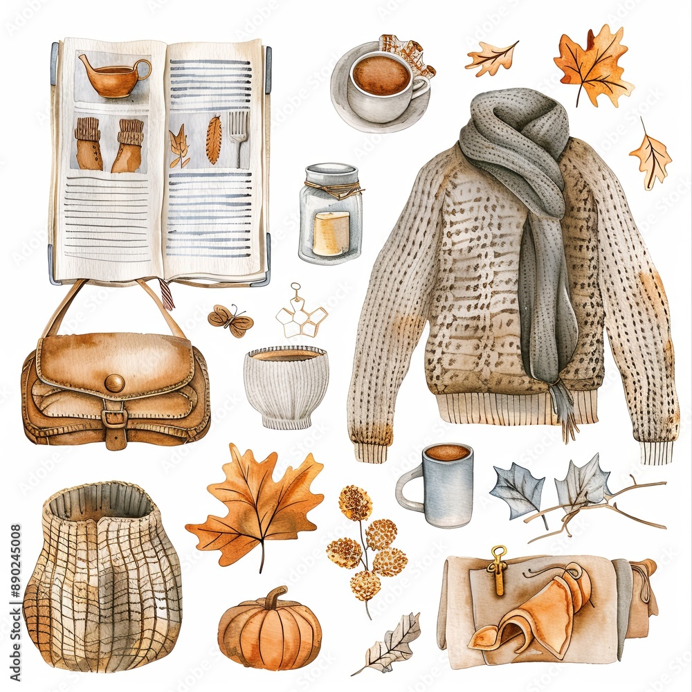 Canvas Prints A collection of autumn items including a book, a mug, a scarf, a purse