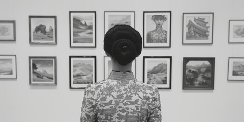 Woman in an embroidered qipao attending an art gallery opening, showcasing traditional and modern artworks, 1970s Hong Kong, [artistic elegance], [cultural celebration]
