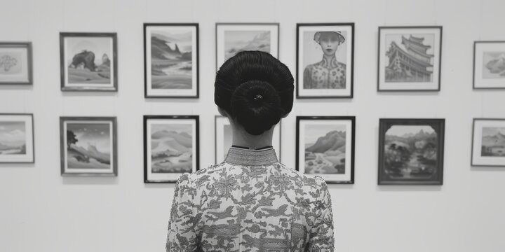 Woman in an embroidered qipao attending an art gallery opening, showcasing traditional and modern artworks, 1970s Hong Kong, [artistic elegance], [cultural celebration]