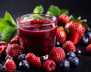 sweet berry juice served in a still glass, surrounded by an array of fresh berries.