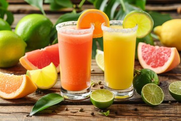 Freshly squeezed citrus juices in glasses with fruits around showcasing a vibrant and healthy morning drink