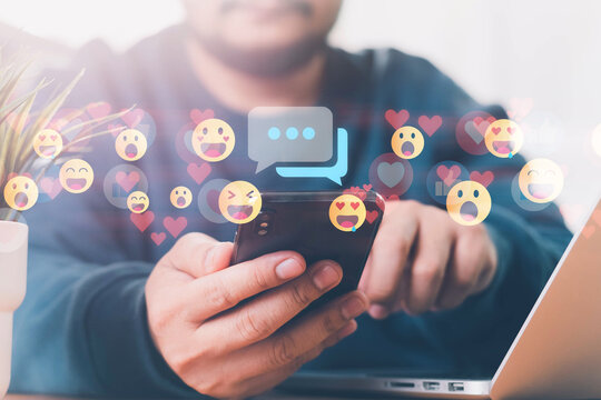 Social media and digital online concept, man using smart phone. The concept of living on vacation and playing social media. Social Distancing ,Working From Home concept. Social media concept.
