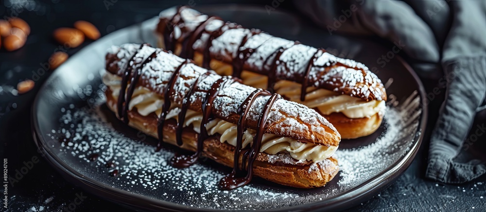 Poster Two chocolate covered pastries with powdered sugar on top