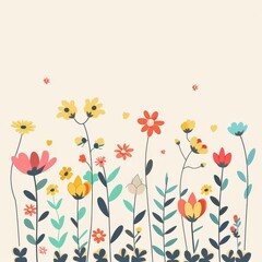 Obraz premium Flat vector illustration of colorful wildflowers and plants growing on a cream background with copy space.