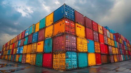 Colorful cargo containers stacked in a large shipping yard
