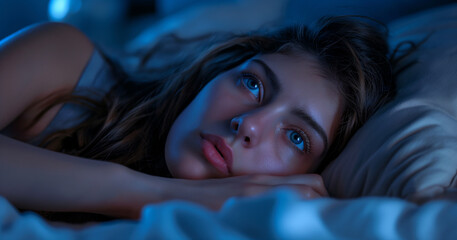 a sleepless woman lying in bed with her eyes open