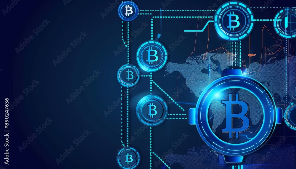 Aufkleber cryptocurrency bitcoin banner design with blockchain tech and digital money data