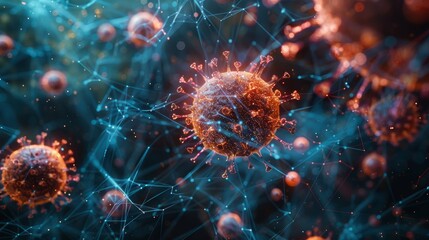 An abstract 3D illustration of a virus spreading through interconnected nodes, representing the rapid transmission of contagion.