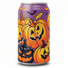 Obraz premium Spooky Pumpkin Cream Soda Can for Halloween Celebration on White Background