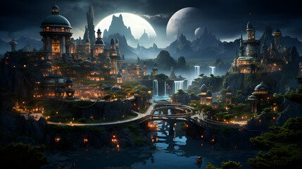 Obraz premium A fantasy city perched on a mountainside, illuminated by the light of the moon and glowing lamps. Waterfalls cascade down the cliffs, creating a serene and magical atmosphere. 