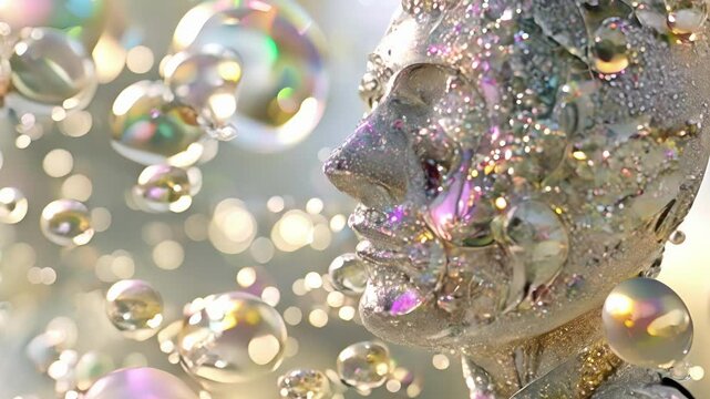 A surreal 3D rendering of a person constructed entirely of floating transparent bubbles symbolizing the ebullience of the human spirit.
