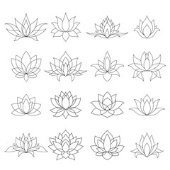 Set of lotus mehndi flower pattern for Henna drawing and tattoo. Decoration in oriental, Indian style. Doodle ornament. Outline hand draw vector illustration.