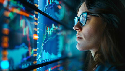 Young woman working at modern office.Technical price graph and indicator, red and green candlestick chart and stock trading computer screen background. Double exposure. Trader analyzing data