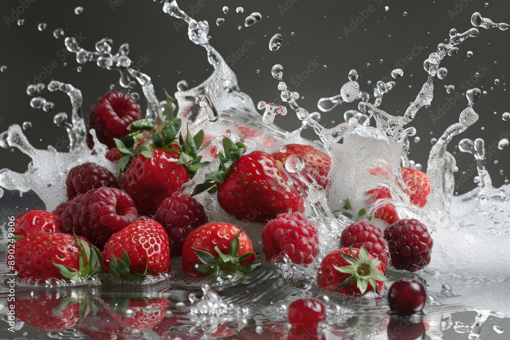 Poster explosive splash of strawberries and raspberries in water capturing the dynamic and refreshing essen