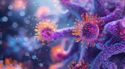 A vibrant 3D illustration of a virus with highlighted proteins, showcasing the focus on molecular biology and scientific research.